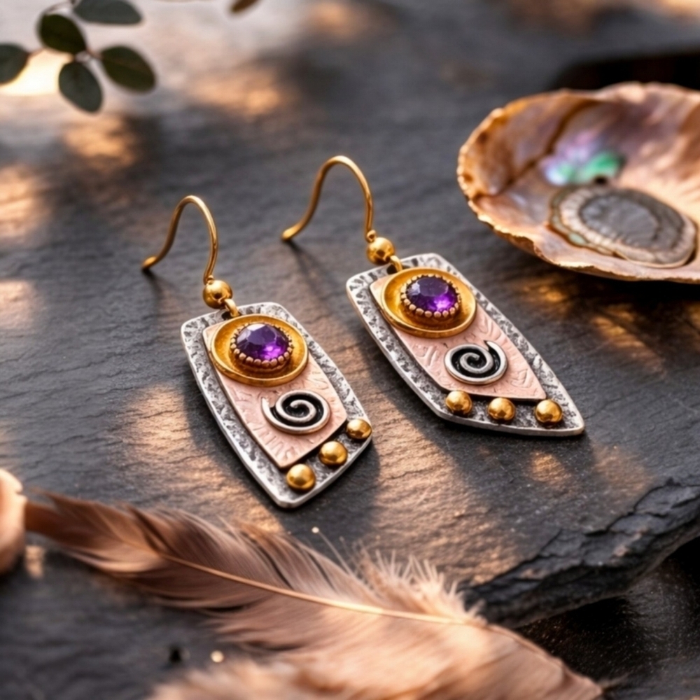 Boho Mixed Metal Purple Gem Spiral Drop Earrings Silver Plated Festival Jewelry